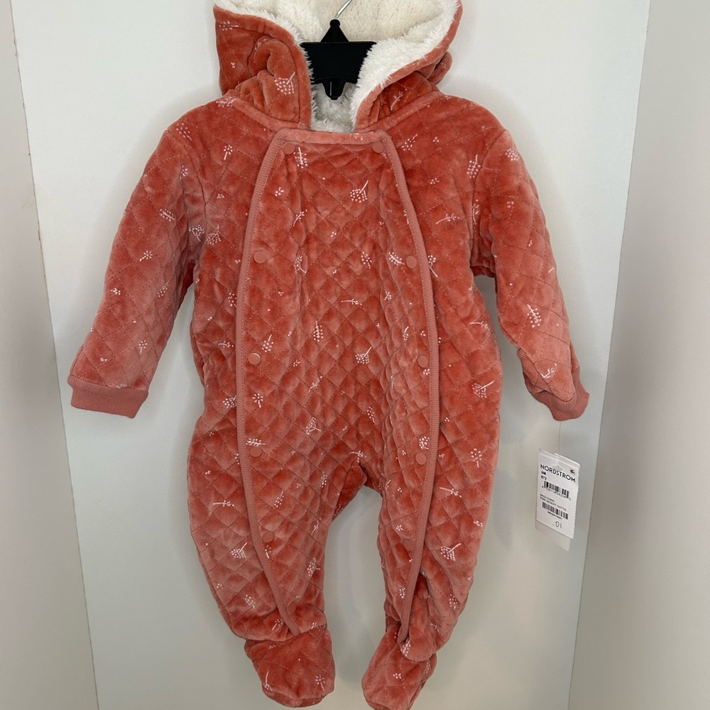 Nordstrom Baby Girls Quilted Coral Winter Footie With Hand Cuffs, 6 months - Picture 1 of 8